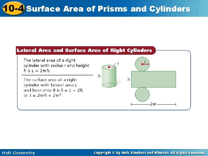 10 -4 Surface Area of Prisms and Cylinders Holt Geometry 