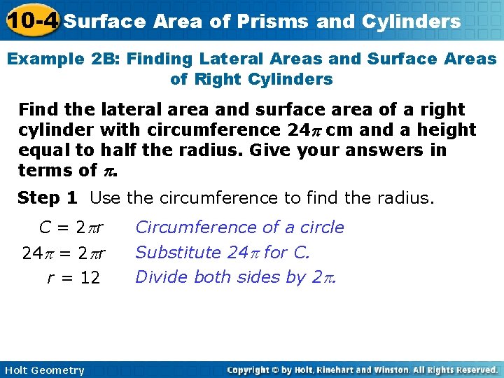 10 -4 Surface Area of Prisms and Cylinders Example 2 B: Finding Lateral Areas