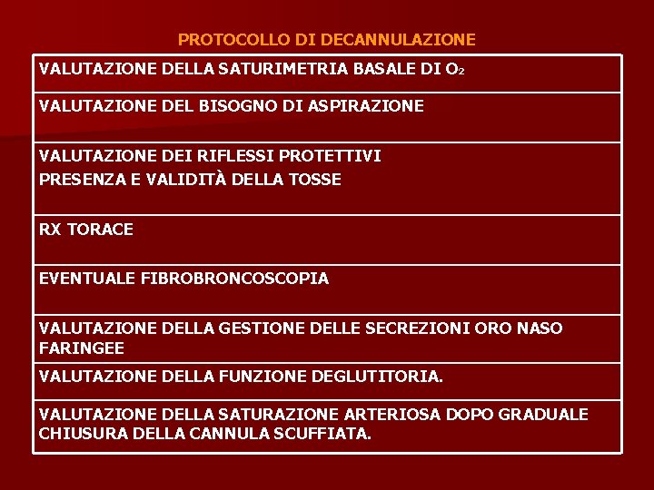 PROTOCOLLO DI DECANNULAZIONE VALUTAZIONE DELLA SATURIMETRIA BASALE DI O 2 VALUTAZIONE DEL BISOGNO DI