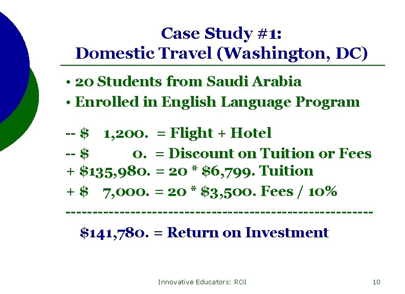 Case Study #1: Domestic Travel (Washington, DC) • 20 Students from Saudi Arabia •