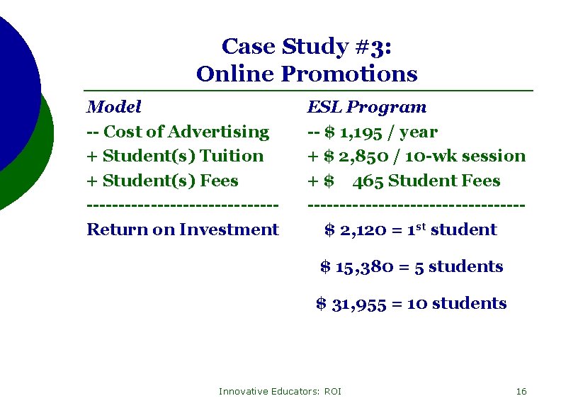 Case Study #3: Online Promotions Model -- Cost of Advertising + Student(s) Tuition +