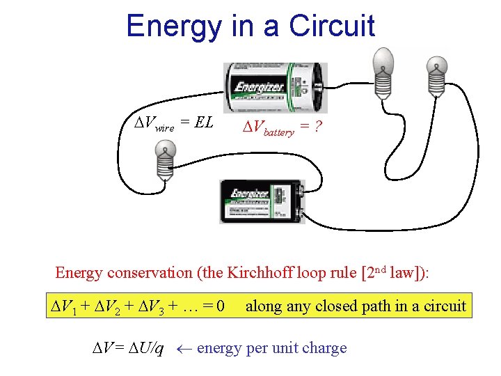 Energy in a Circuit Vwire = EL Vbattery = ? Energy conservation (the Kirchhoff