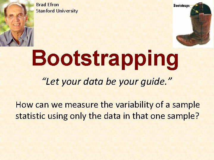 Brad Efron Stanford University Bootstrapping “Let your data be your guide. ” How can