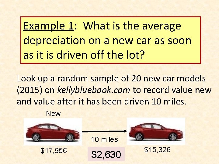 Example 1: What is the average depreciation on a new car as soon as