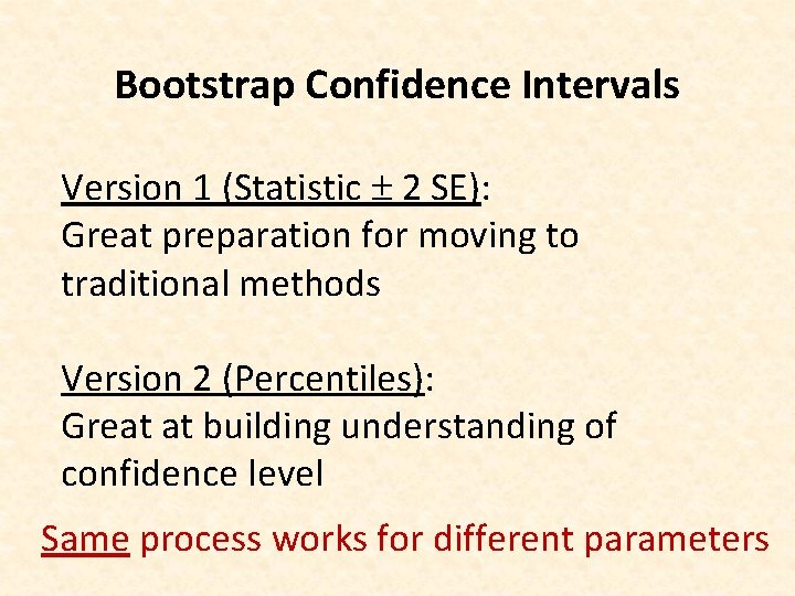 Bootstrap Confidence Intervals Version 1 (Statistic 2 SE): Great preparation for moving to traditional