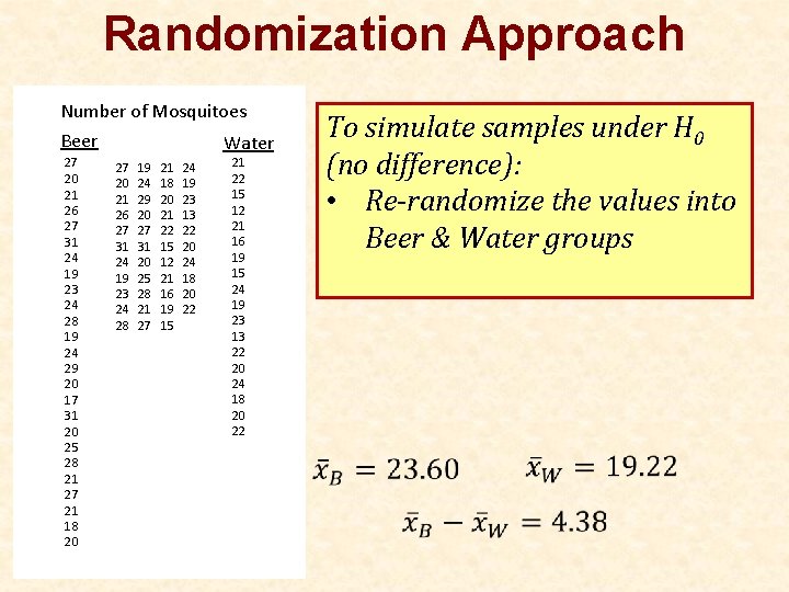 Randomization Approach Number of Mosquitoes Beer 27 20 21 26 27 31 24 19