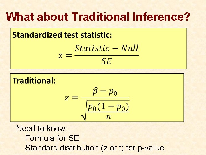 What about Traditional Inference? Need to know: Formula for SE Standard distribution (z or