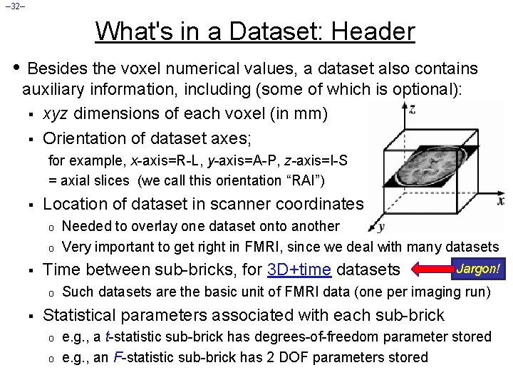 – 32– What's in a Dataset: Header • Besides the voxel numerical values, a