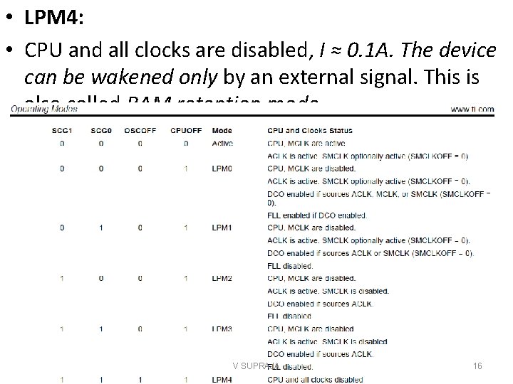  • LPM 4: • CPU and all clocks are disabled, I ≈ 0.