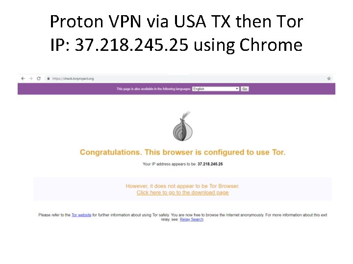 Proton VPN via USA TX then Tor IP: 37. 218. 245. 25 using Chrome