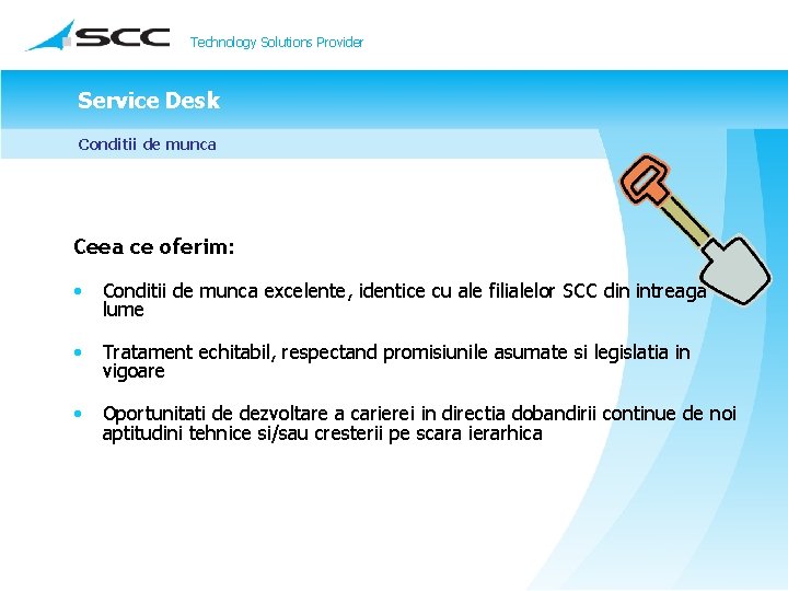 Technology Solutions Provider Service Desk Conditii de munca Ceea ce oferim: • Conditii de