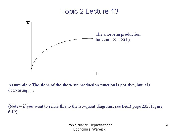 Topic 2 Lecture 13 X The short-run production function: X = X(L) L Assumption: