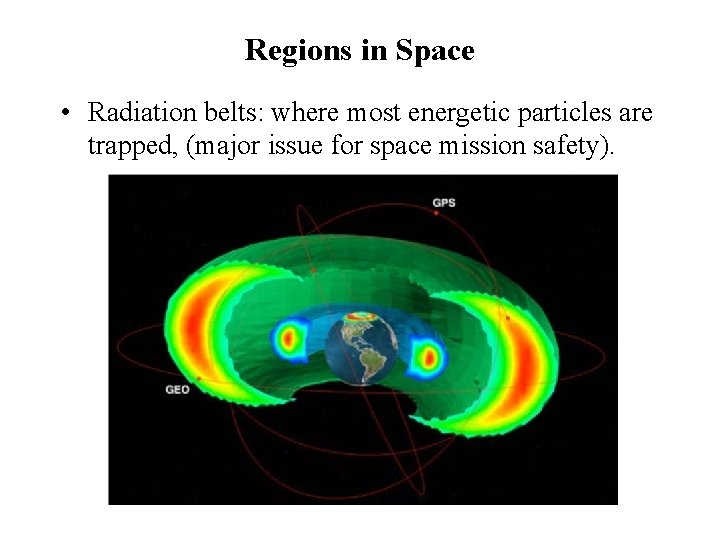Regions in Space • Radiation belts: where most energetic particles are trapped, (major issue