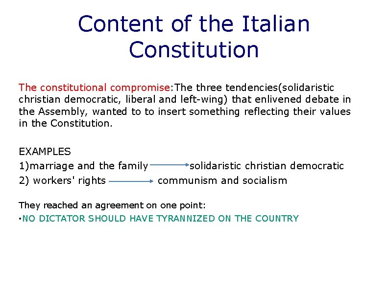 Content of the Italian Constitution The constitutional compromise: The three tendencies(solidaristic christian democratic, liberal