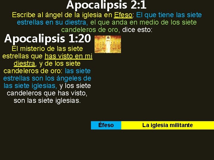 Apocalipsis 2: 1 Escribe al ángel de la iglesia en Efeso: El que tiene