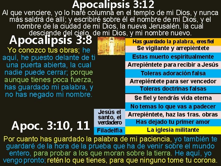 Apocalipsis 3: 12 Al que venciere, yo lo haré columna en el templo de