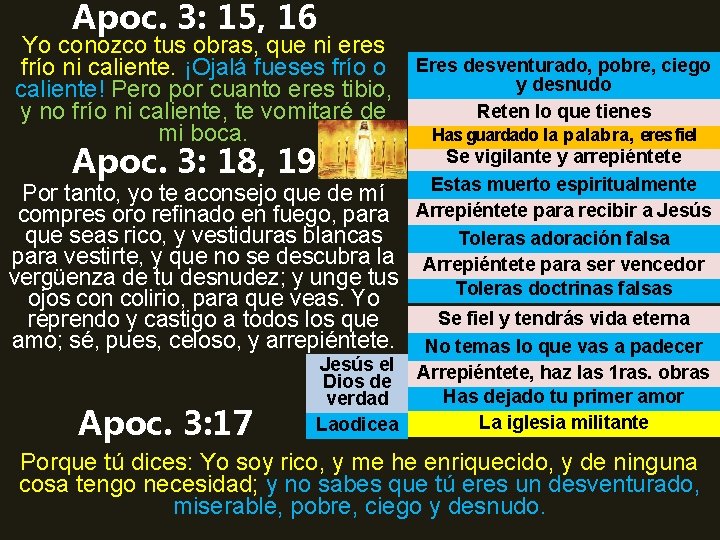 Apoc. 3: 15, 16 Yo conozco tus obras, que ni eres frío ni caliente.