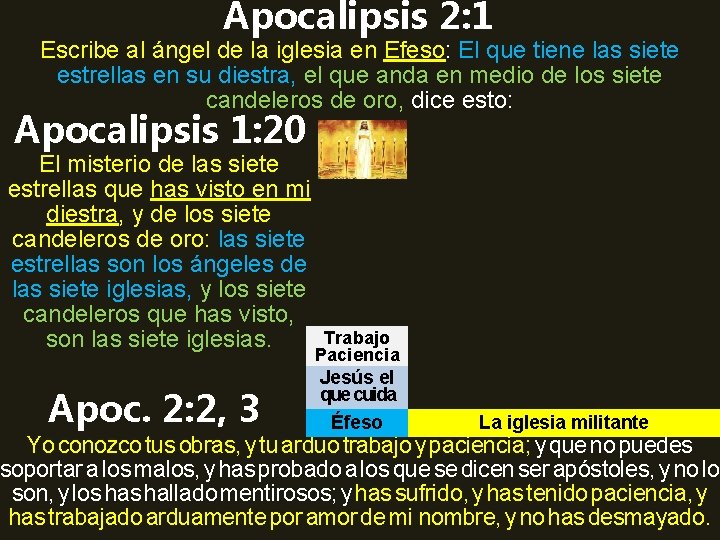 Apocalipsis 2: 1 Escribe al ángel de la iglesia en Efeso: El que tiene