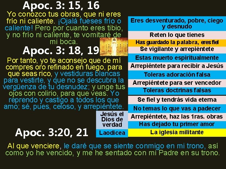 Apoc. 3: 15, 16 Yo conozco tus obras, que ni eres frío ni caliente.