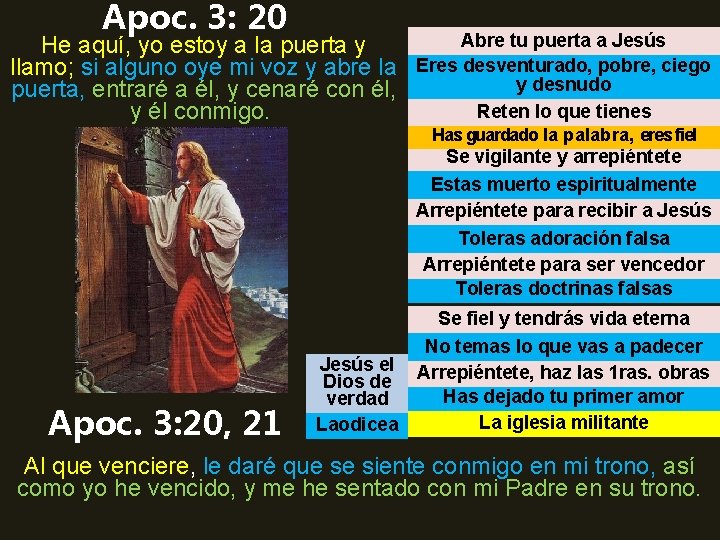 Apoc. 3: 20 He aquí, yo estoy a la puerta y llamo; si alguno