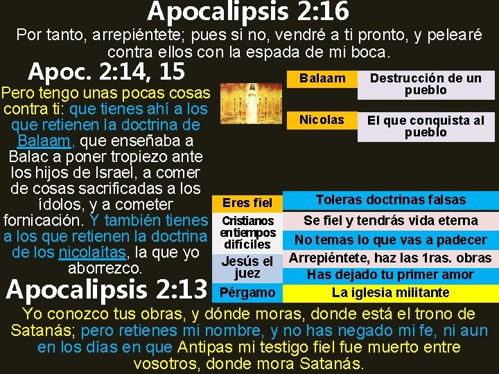 Apocalipsis 2: 16 Por tanto, arrepiéntete; pues si no, vendré a ti pronto, y