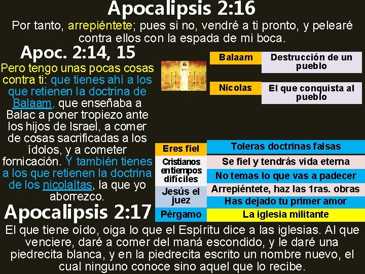 Apocalipsis 2: 16 Por tanto, arrepiéntete; pues si no, vendré a ti pronto, y