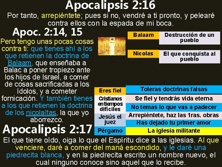 Apocalipsis 2: 16 Por tanto, arrepiéntete; pues si no, vendré a ti pronto, y