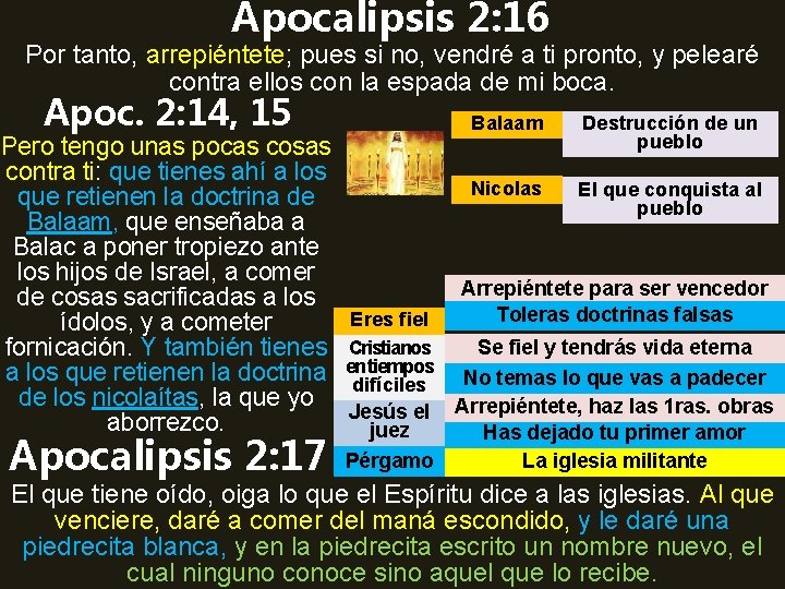 Apocalipsis 2: 16 Por tanto, arrepiéntete; pues si no, vendré a ti pronto, y