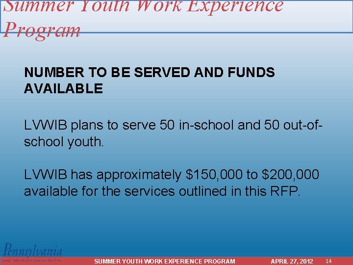 Summer Youth Work Experience Program NUMBER TO BE SERVED AND FUNDS AVAILABLE LVWIB plans