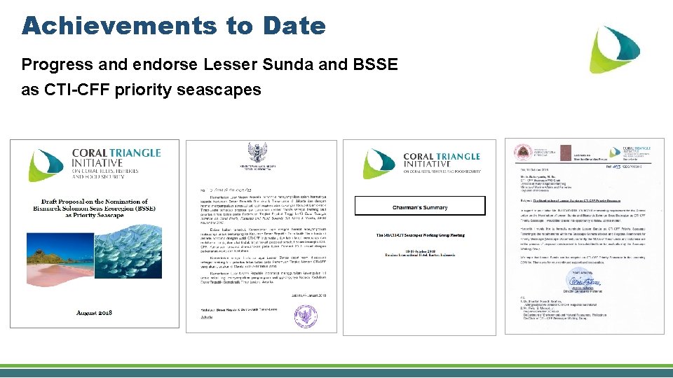 Achievements to Date Progress and endorse Lesser Sunda and BSSE as CTI-CFF priority seascapes