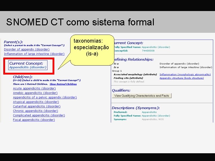 SNOMED CT como sistema formal taxonomias: especialização (is-a) 