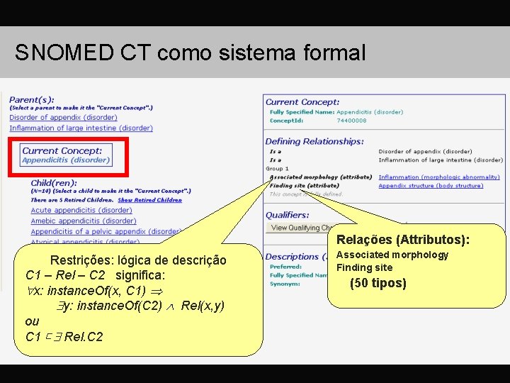 SNOMED CT como sistema formal Relações (Attributos): Restrições: lógica de descrição C 1 –