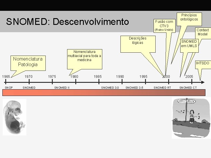 SNOMED: Descenvolvimento Fusão com CTV 3 Princípios ontológicos Context Model (Reino Unido) Descrições lógicas