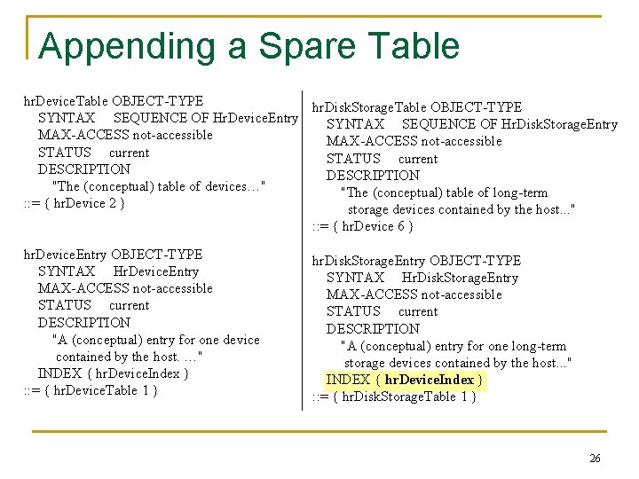 Appending a Spare Table hr. Device. Table OBJECT-TYPE hr. Disk. Storage. Table OBJECT-TYPE SYNTAX