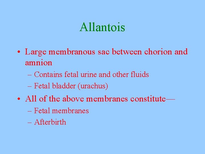 Allantois • Large membranous sac between chorion and amnion – Contains fetal urine and