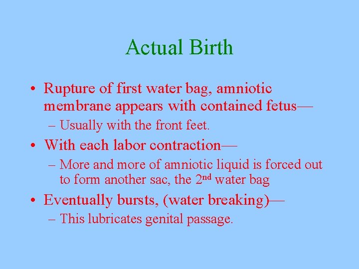 Actual Birth • Rupture of first water bag, amniotic membrane appears with contained fetus—