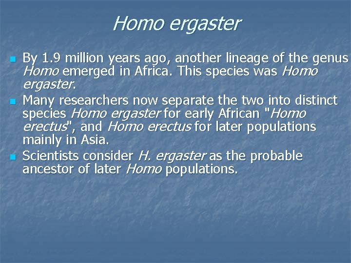 Homo ergaster n n n By 1. 9 million years ago, another lineage of