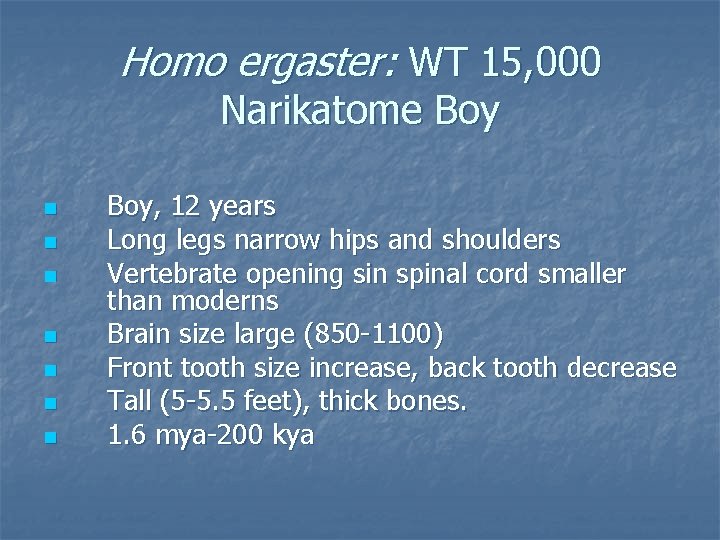 Homo ergaster: WT 15, 000 Narikatome Boy n n n n Boy, 12 years