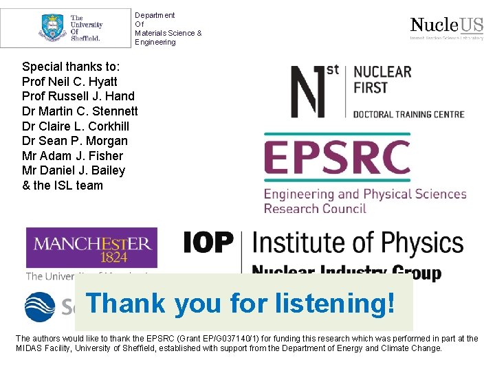 Department Of Materials Science & Engineering Special thanks to: Prof Neil C. Hyatt Prof
