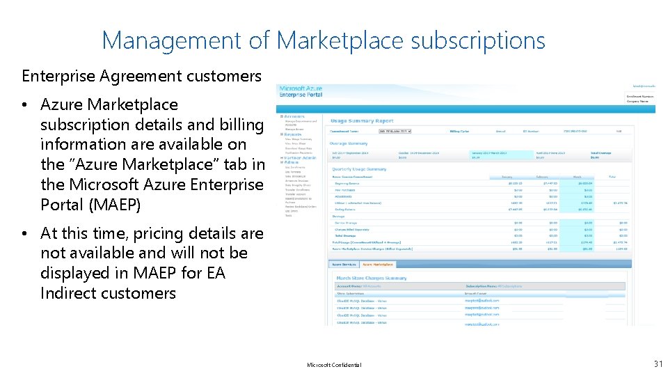 Management of Marketplace subscriptions Enterprise Agreement customers • Azure Marketplace subscription details and billing