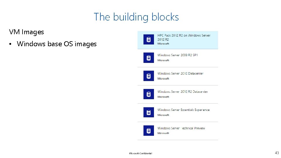 The building blocks VM Images • Windows base OS images Microsoft Confidential 43 