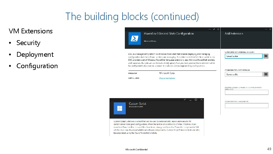 The building blocks (continued) VM Extensions • Security • Deployment • Configuration Microsoft Confidential