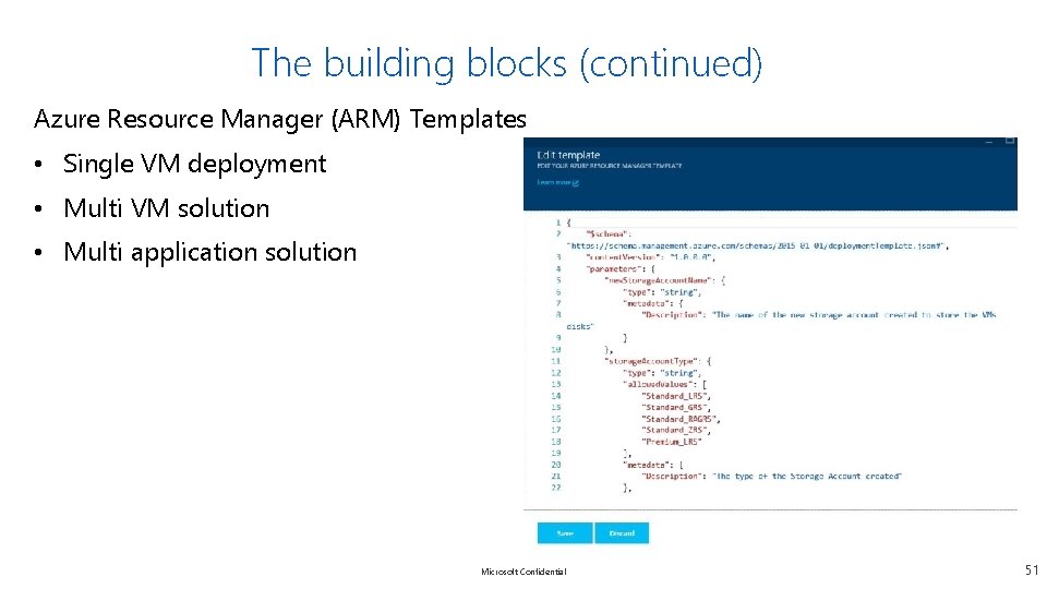 The building blocks (continued) Azure Resource Manager (ARM) Templates • Single VM deployment •