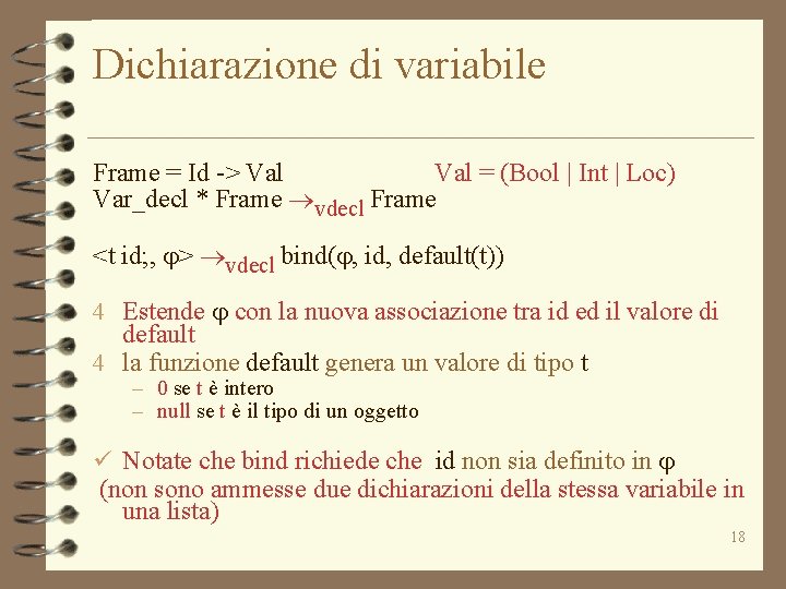 Dichiarazione di variabile Frame = Id -> Val = (Bool | Int | Loc)