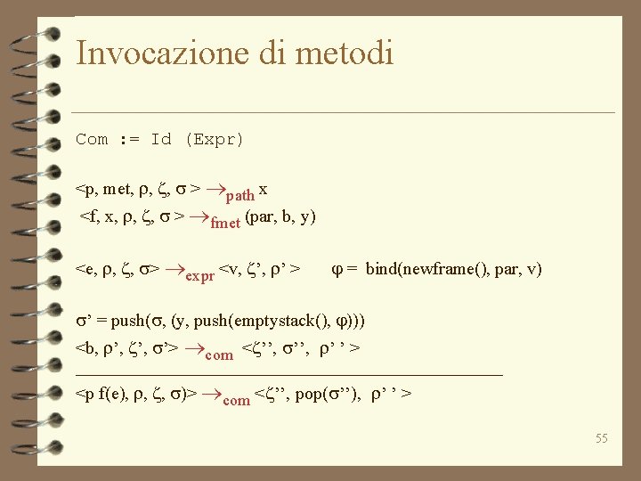 Invocazione di metodi Com : = Id (Expr) <p, met, r, z, s >