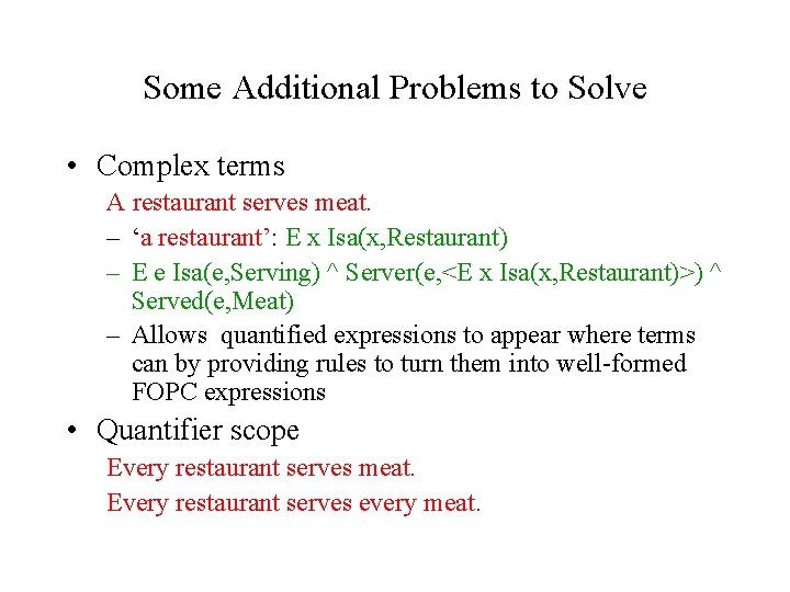 Some Additional Problems to Solve • Complex terms A restaurant serves meat. – ‘a