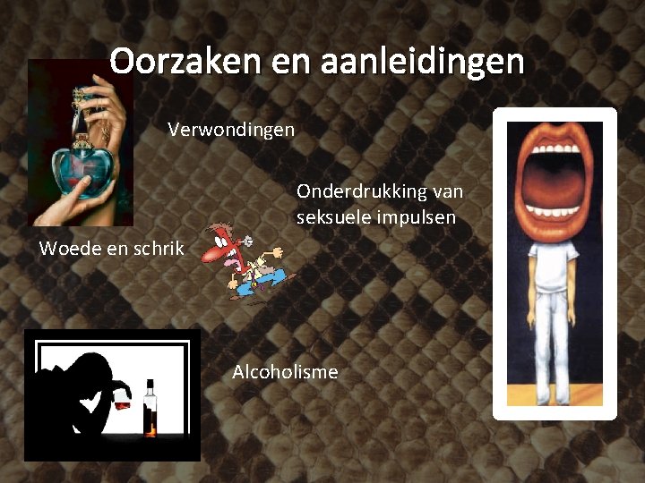 Oorzaken en aanleidingen Verwondingen Onderdrukking van seksuele impulsen Woede en schrik Alcoholisme 