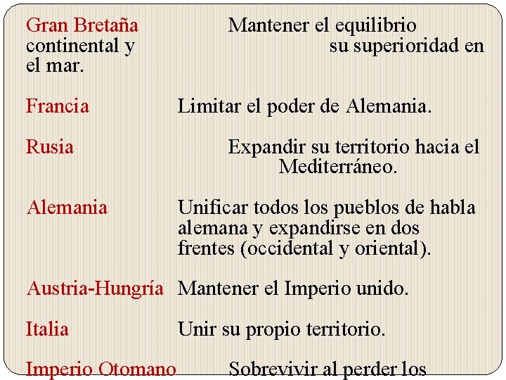 Gran Bretaña continental y el mar. Francia Rusia Alemania Mantener el equilibrio su superioridad