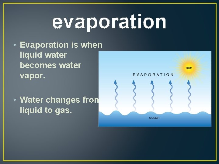 evaporation • Evaporation is when liquid water becomes water vapor. • Water changes from