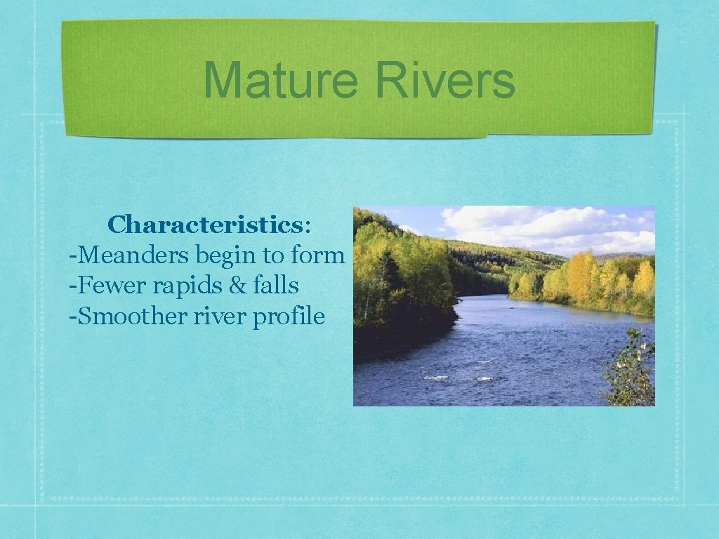 Mature Rivers Characteristics: -Meanders begin to form -Fewer rapids & falls -Smoother river profile
